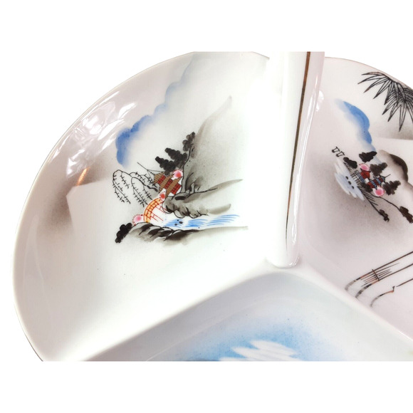 Kutani China Handled Serving Dish 3 Divided White Dish Scenic Mountains 19.5"Vtg - Picture 5 of 8